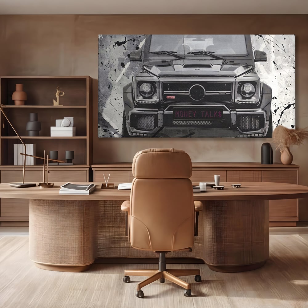 Tablou canvas cu tablou canvas cu masina mercedes neagra, fara rama, pe sasiu de lemn, pe perete intr-un birou